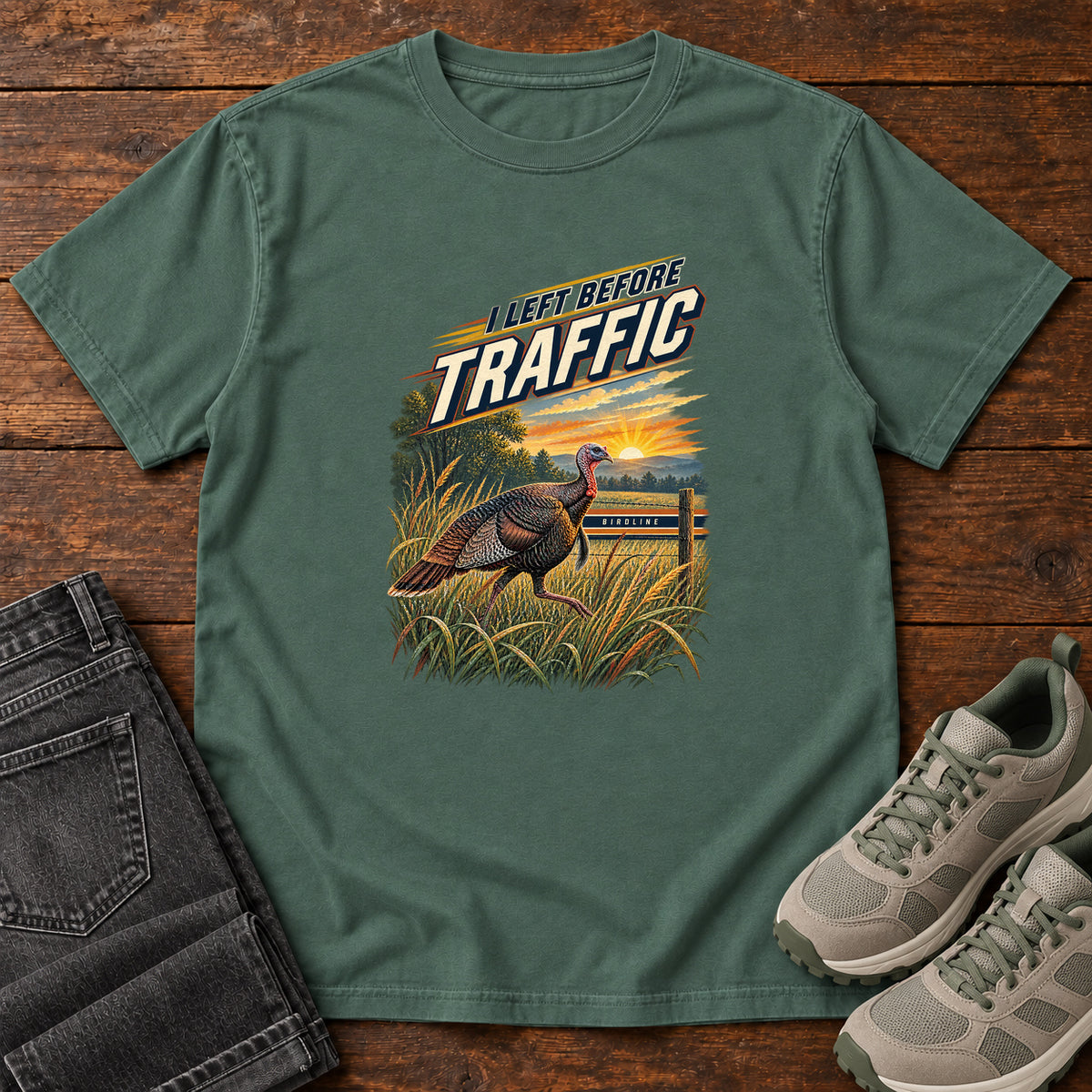 I Left Before Traffic Turkey T-Shirt in Blue Spruce, left side