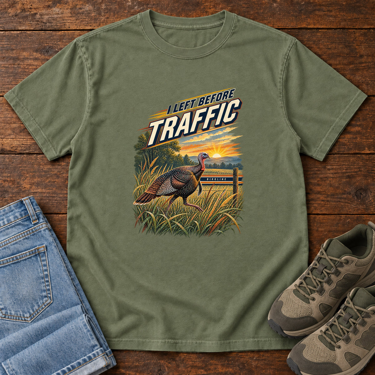 I Left Before Traffic Turkey T-Shirt in Moss, left side