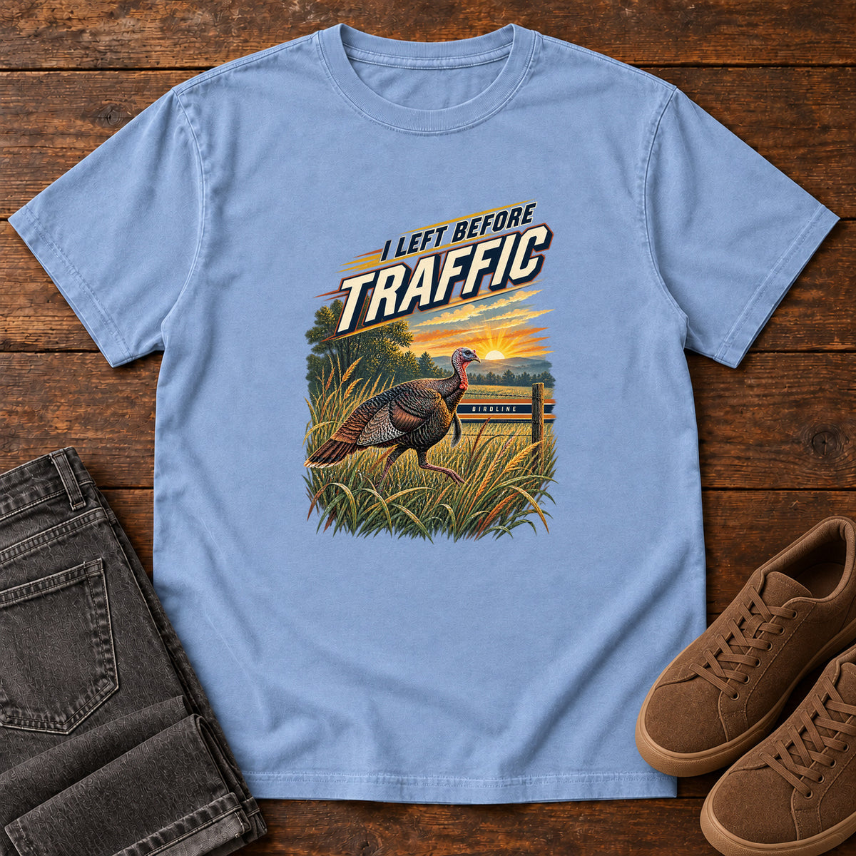 I Left Before Traffic Turkey T-Shirt in Washed Denim, left side