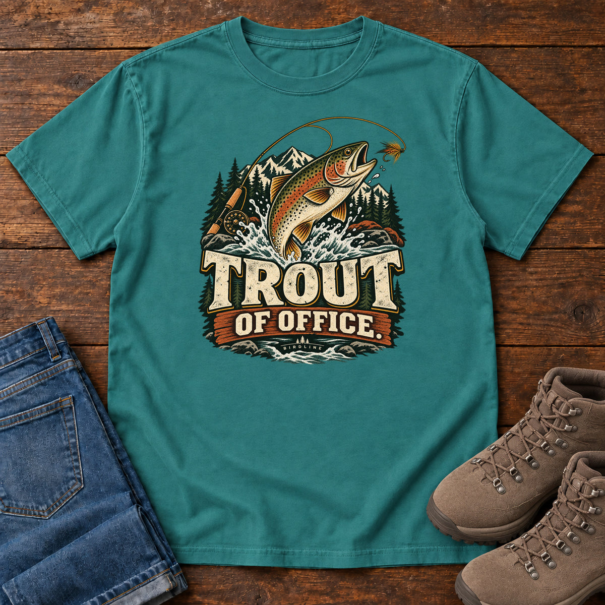 Emerald Trout of Office Fly Rod T-Shirt with a spotted fish leaping toward a fishing fly, with mountains and cream lettering, front flat lay on wood.