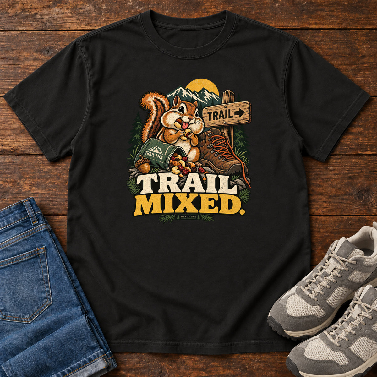 Black Trail Mixed T-Shirt with a bushy-tailed cartoon animal beside a trail-mix bag, hiking boot and trail sign, front flat lay on wood.