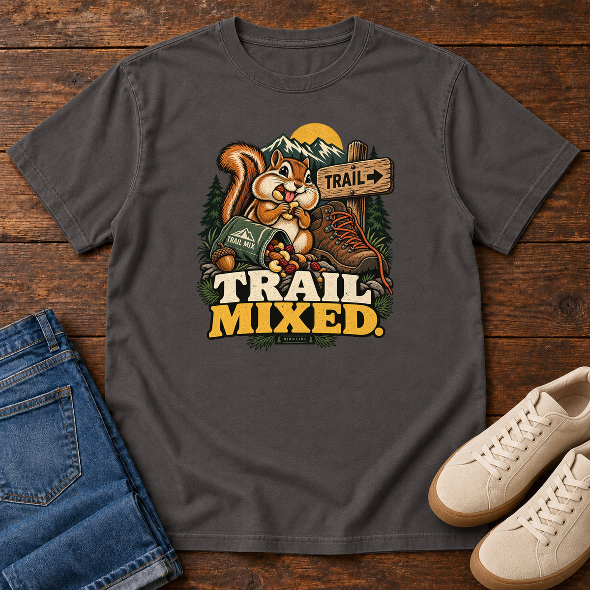 Graphite Trail Mixed T-Shirt with a bushy-tailed cartoon animal beside a trail-mix bag, hiking boot and trail sign, front flat lay on wood.