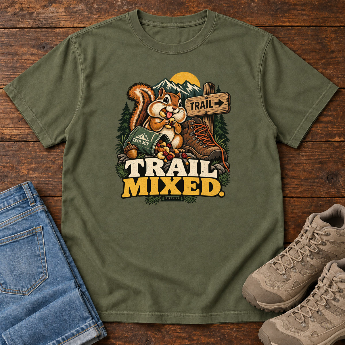 Hemp Trail Mixed T-Shirt with a bushy-tailed cartoon animal beside a trail-mix bag, hiking boot and trail sign, front flat lay on wood.