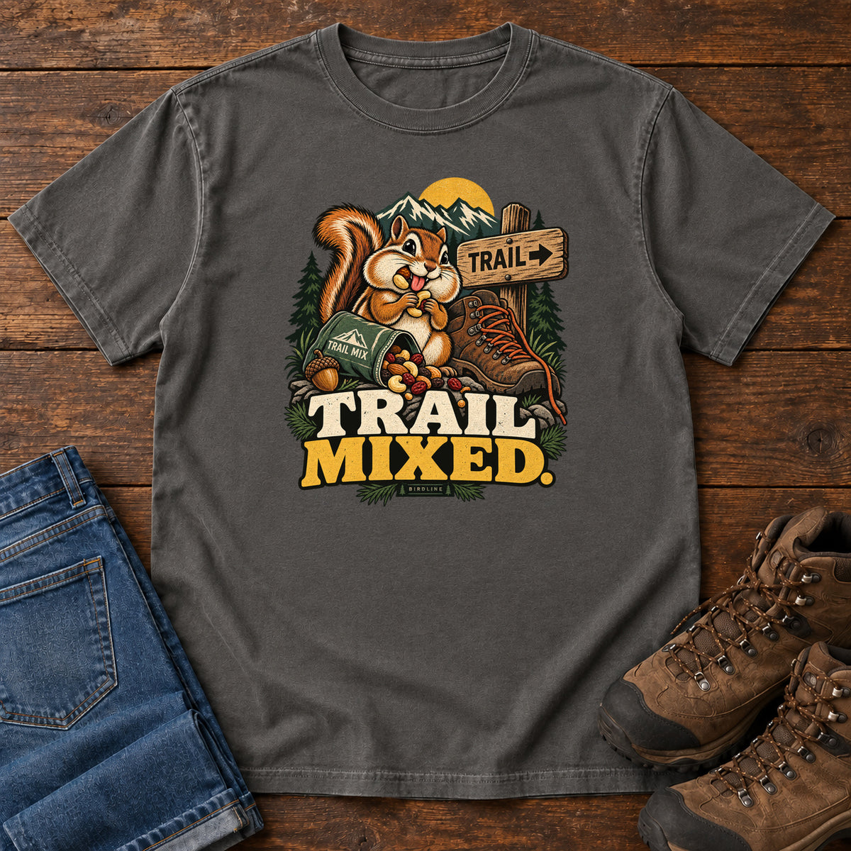 Pepper Trail Mixed T-Shirt with a bushy-tailed cartoon animal beside a trail-mix bag, hiking boot and trail sign, front flat lay on wood.