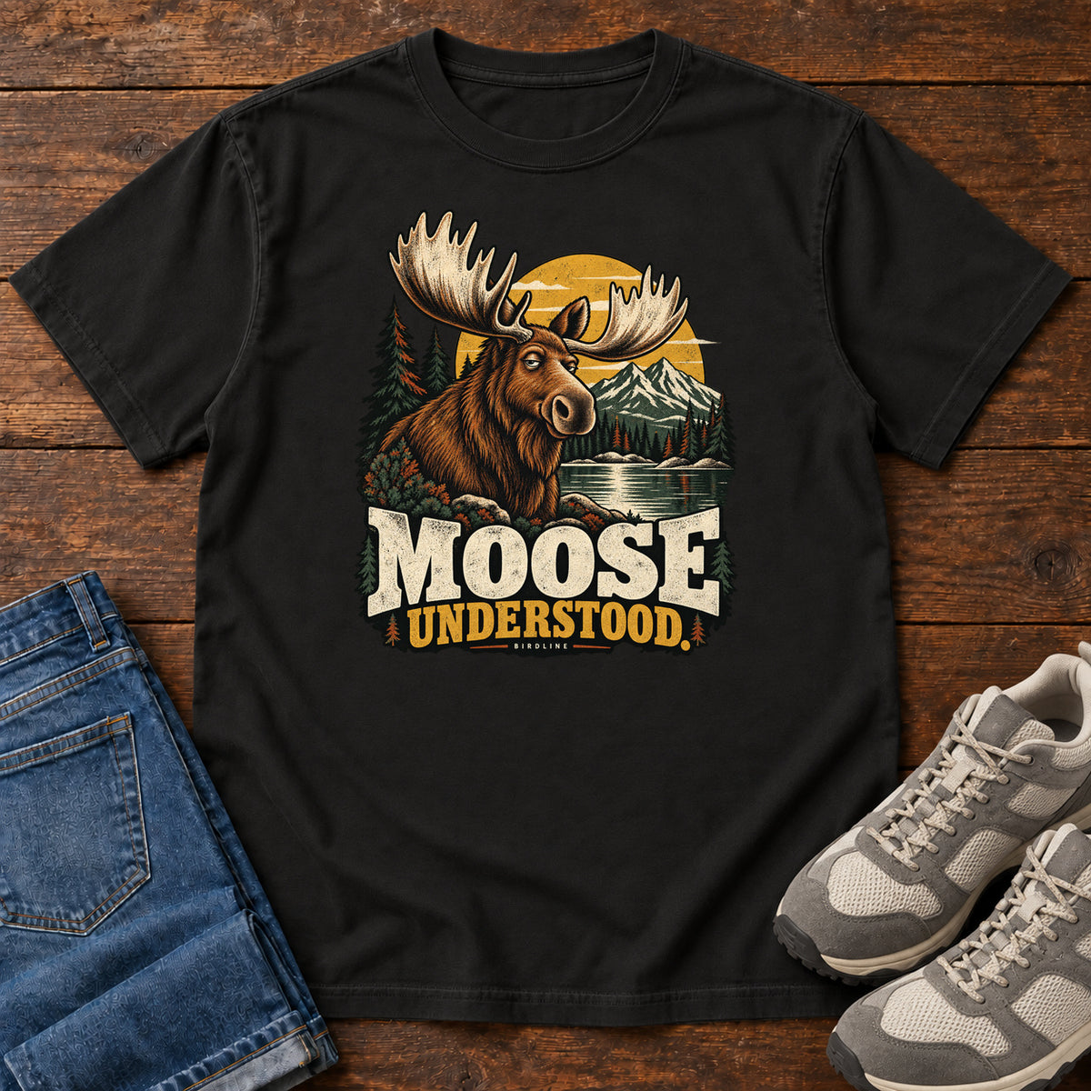 Black Moose Understood T-Shirt with an antlered moose beside a mountain lake, pines and a golden sun; front flat lay on wood.