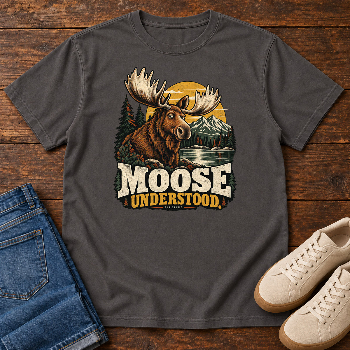 Graphite Moose Understood T-Shirt with an antlered moose beside a mountain lake, pines and a golden sun; front flat lay on wood.
