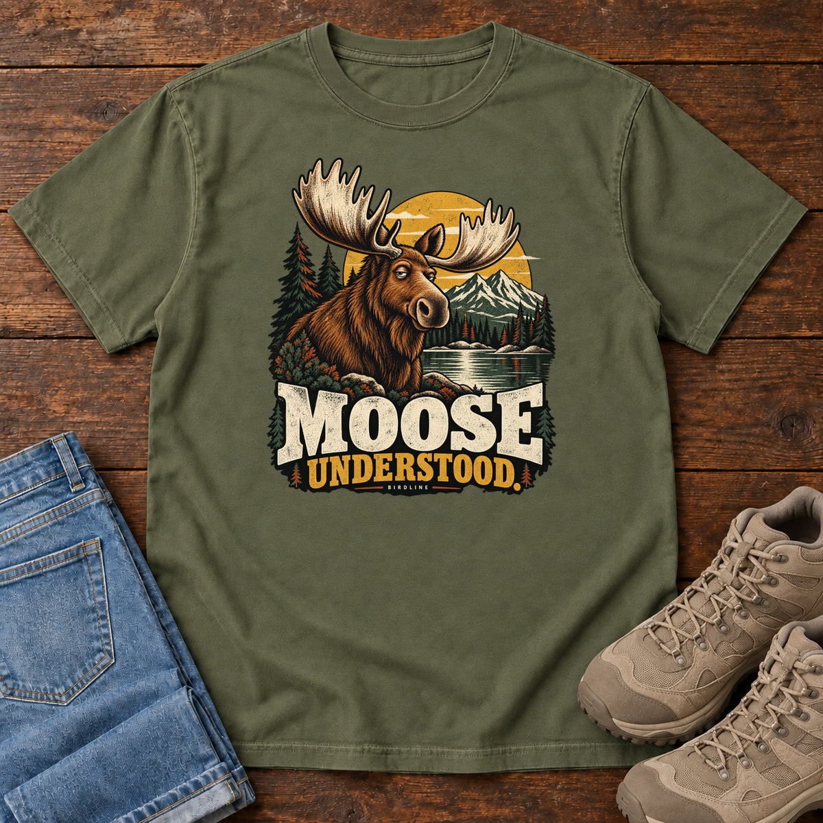 Hemp Moose Understood T-Shirt with an antlered moose beside a mountain lake, pines and a golden sun; front flat lay on wood.