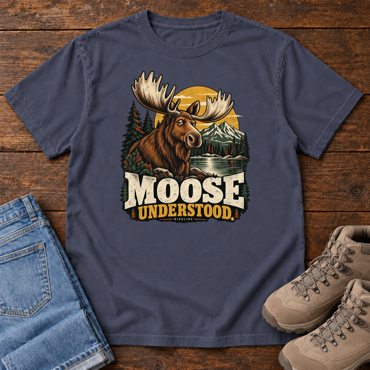 Navy Moose Understood T-Shirt with an antlered moose beside a mountain lake, pines and a golden sun; front flat lay on wood.