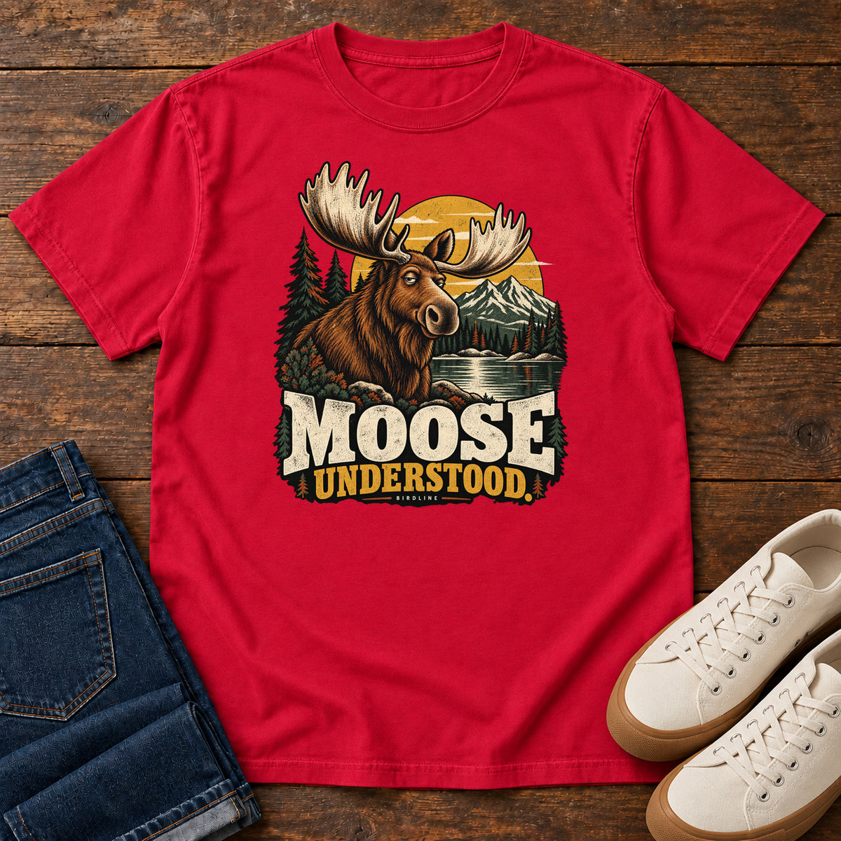 Red Moose Understood T-Shirt with an antlered moose beside a mountain lake, pines and a golden sun; front flat lay on wood.