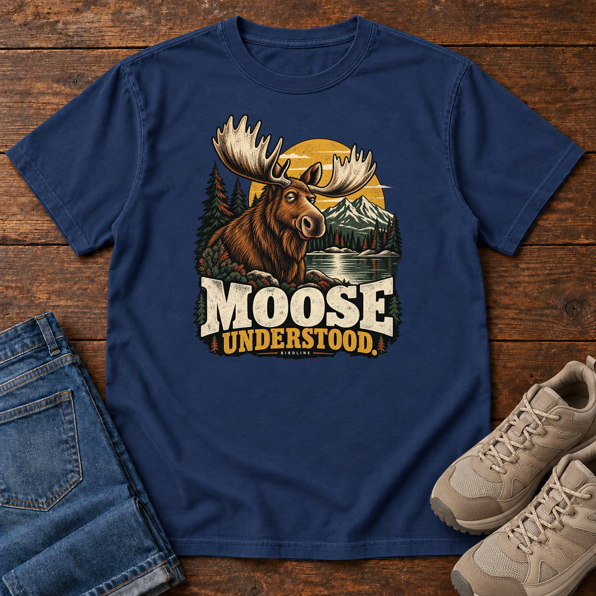 True Navy Moose Understood T-Shirt with an antlered moose beside a mountain lake, pines and a golden sun; front flat lay on wood.