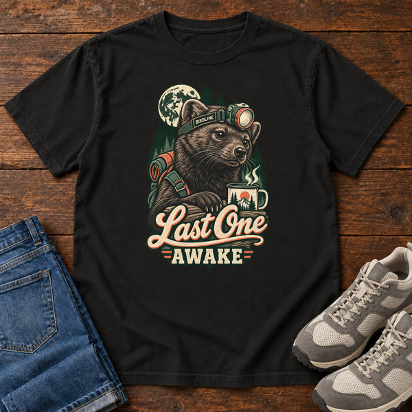 Last One Awake Raccoon Headlamp T-Shirt, alternate view