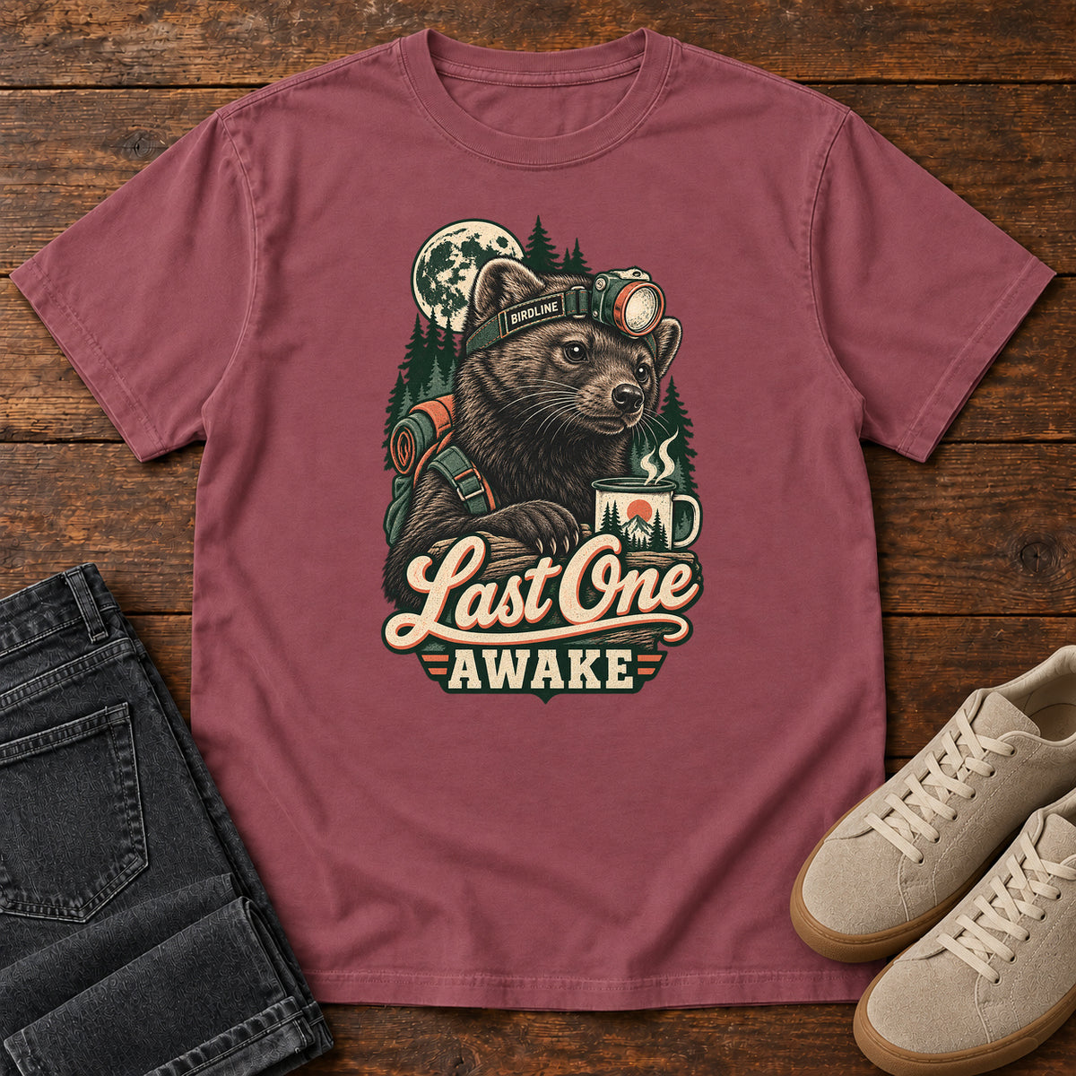 Last One Awake Raccoon Headlamp T-Shirt in Brick
