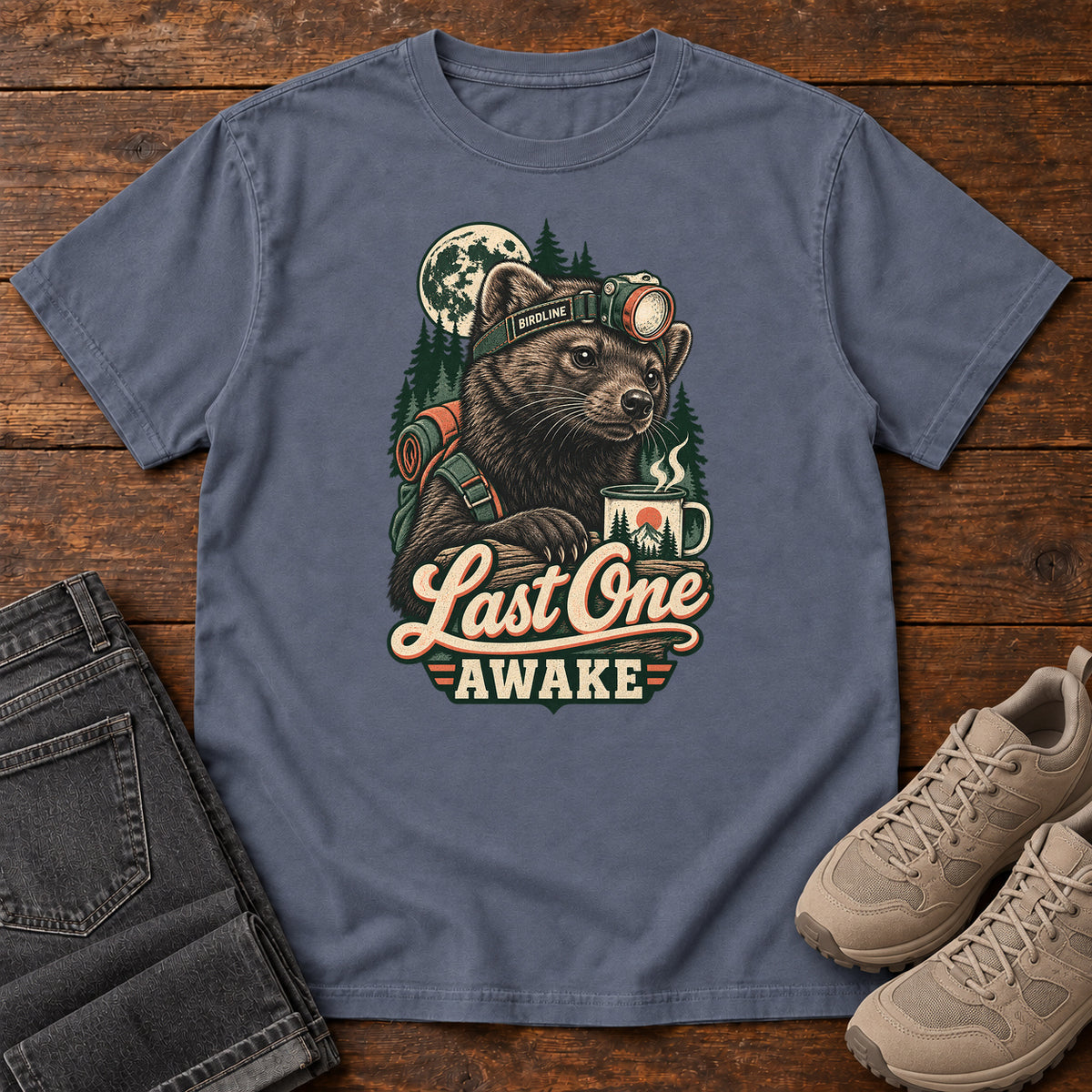 Last One Awake Raccoon Headlamp T-Shirt in Denim
