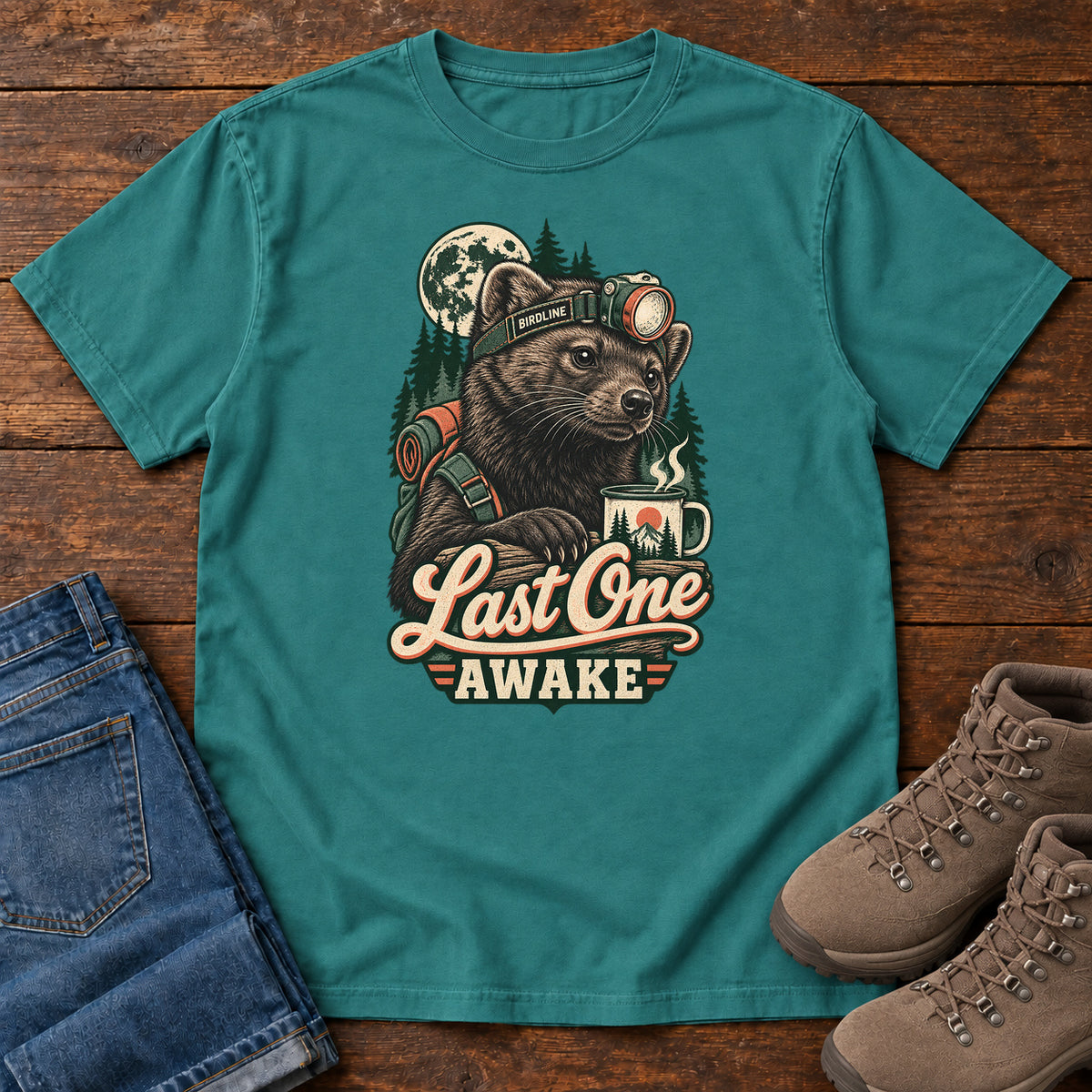 Last One Awake Raccoon Headlamp T-Shirt in Emerald