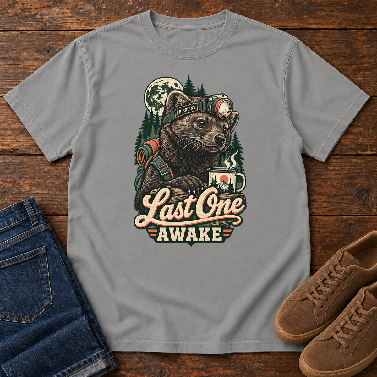 Last One Awake Raccoon Headlamp T-Shirt in Grey