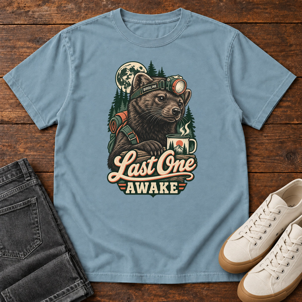 Last One Awake Raccoon Headlamp T-Shirt in Ice Blue
