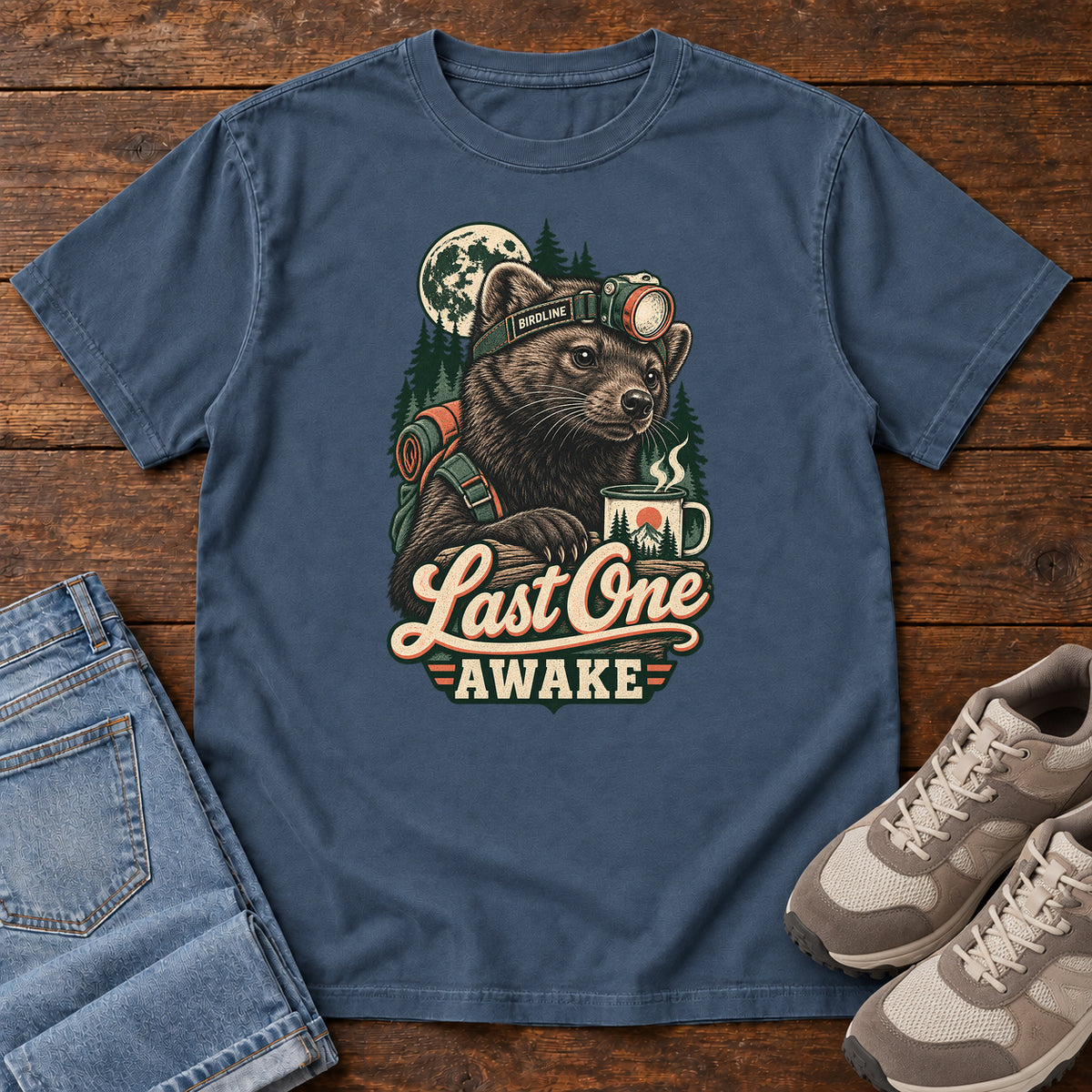Last One Awake Raccoon Headlamp T-Shirt in Midnight