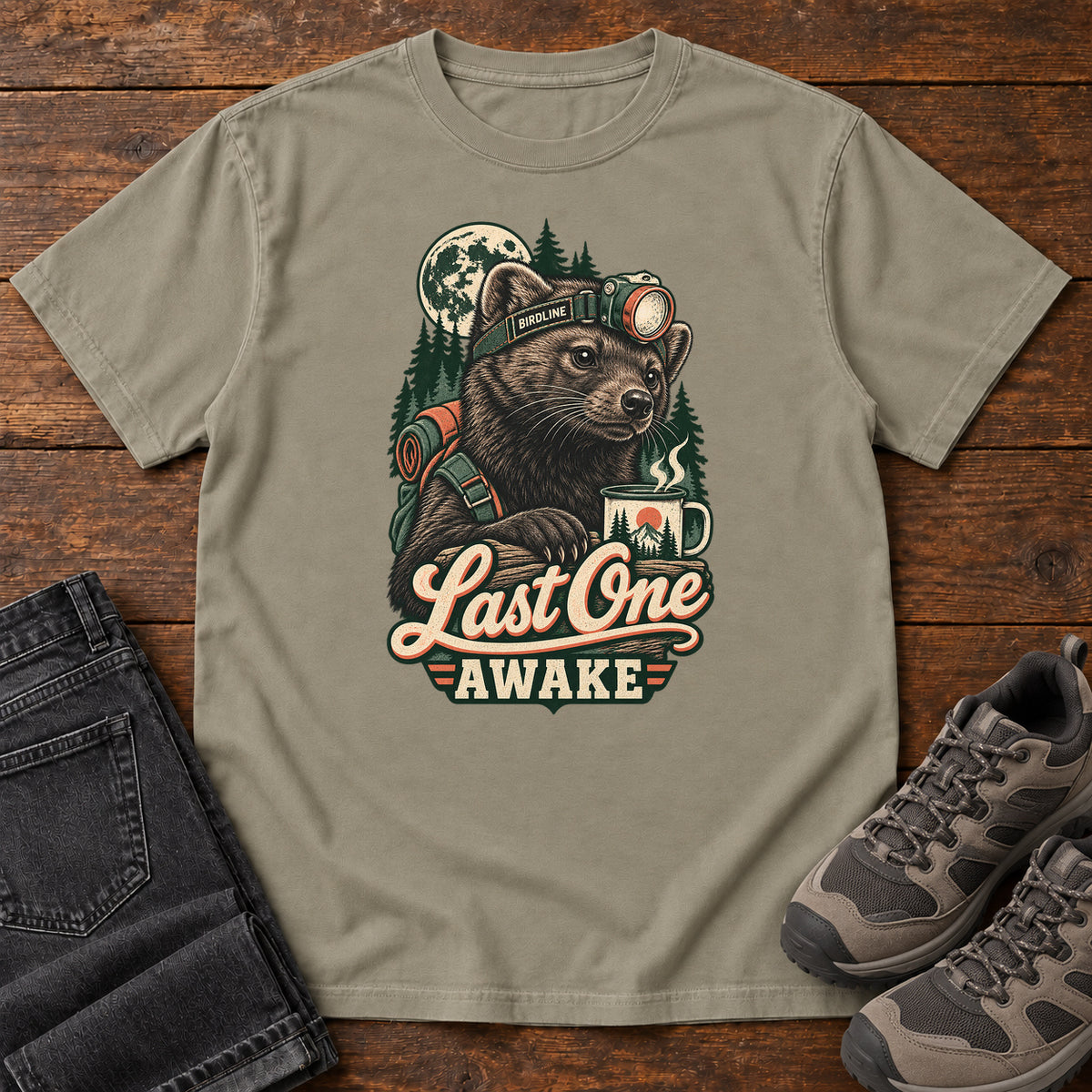 Last One Awake Raccoon Headlamp T-Shirt in Sandstone