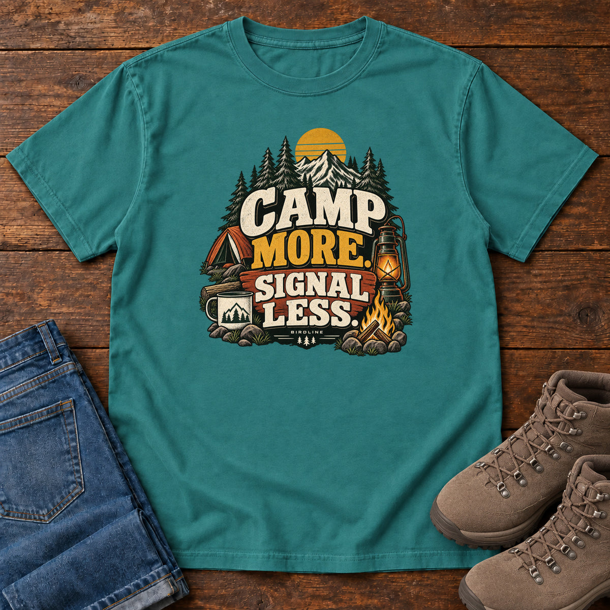 Emerald Camp More Signal Less T-Shirt with a tent, lantern, campfire and mountain scene around bold slogan lettering; front flat lay on wood.