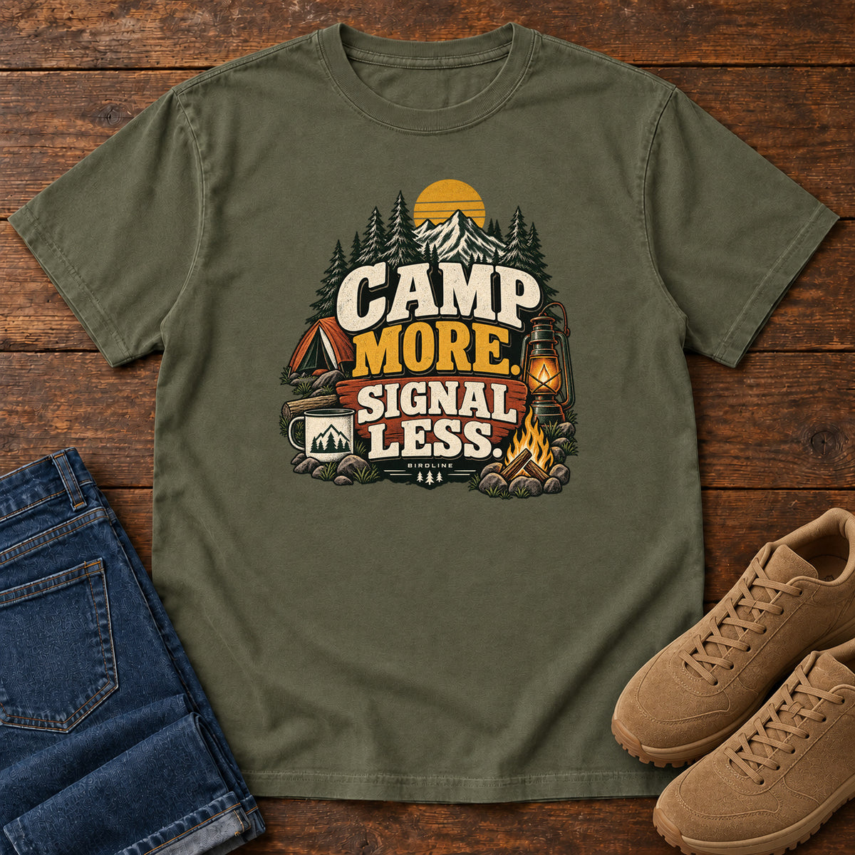 Sage Camp More Signal Less T-Shirt with a tent, lantern, campfire and mountain scene around bold slogan lettering; front flat lay on wood.