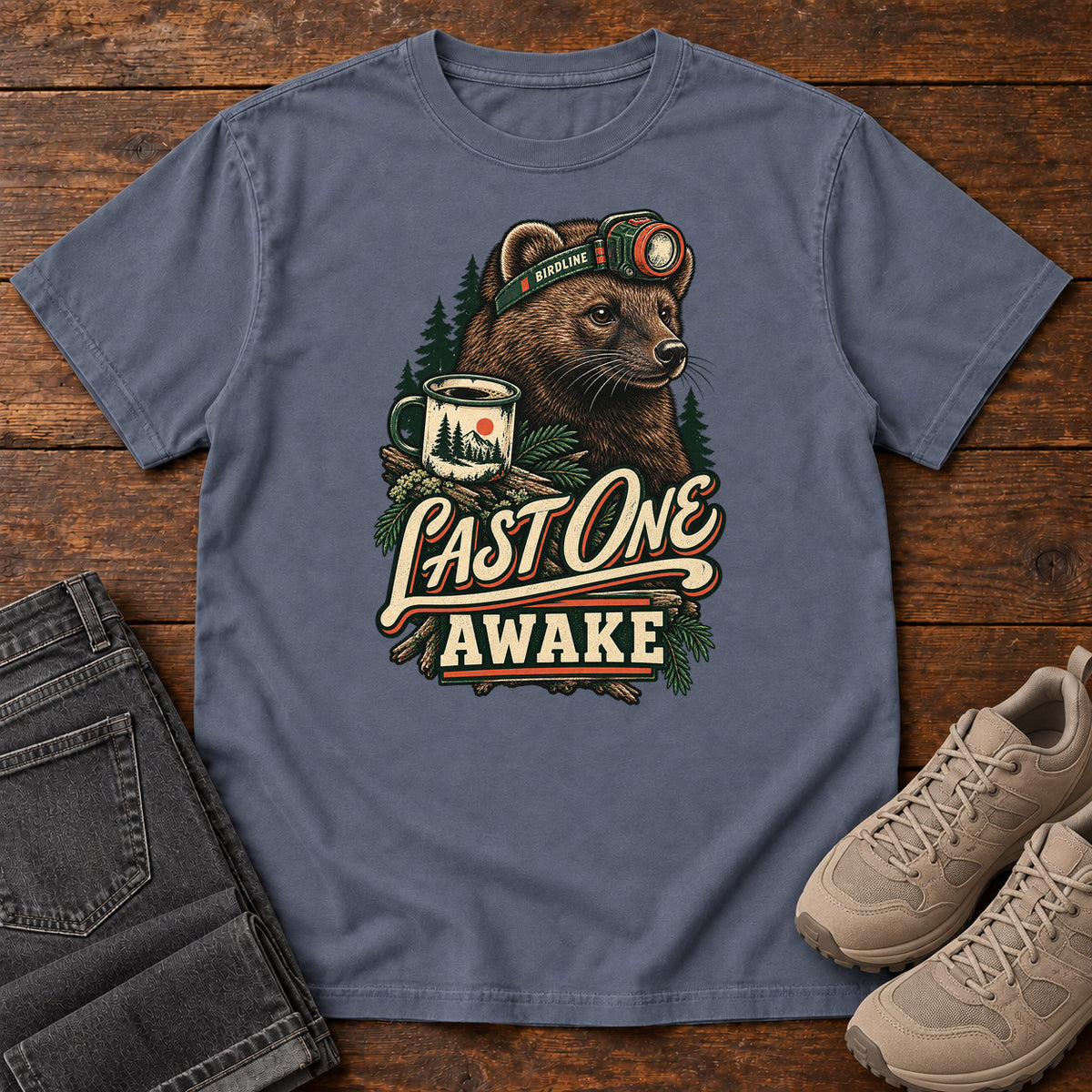 Last One Awake Badger T-Shirt in Denim
