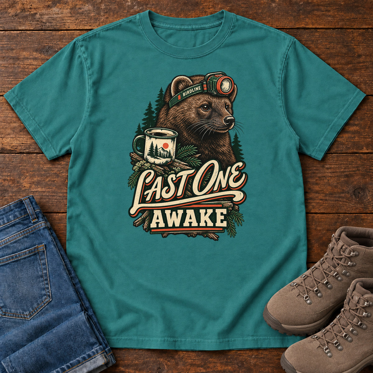 Last One Awake Badger T-Shirt in Emerald