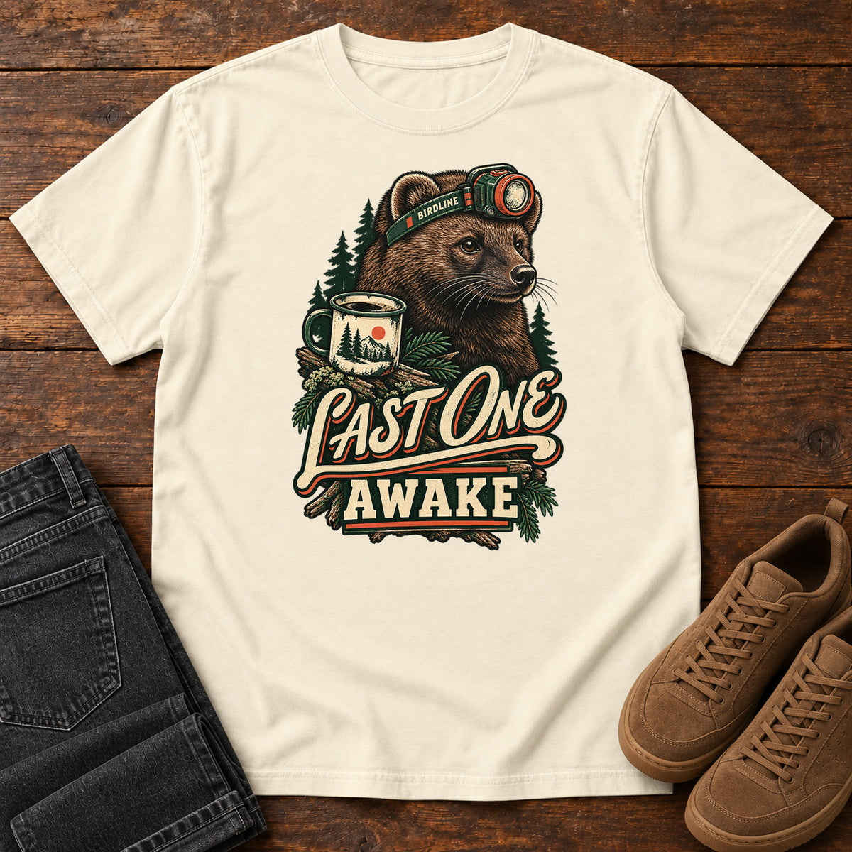 Last One Awake Badger T-Shirt in Ivory
