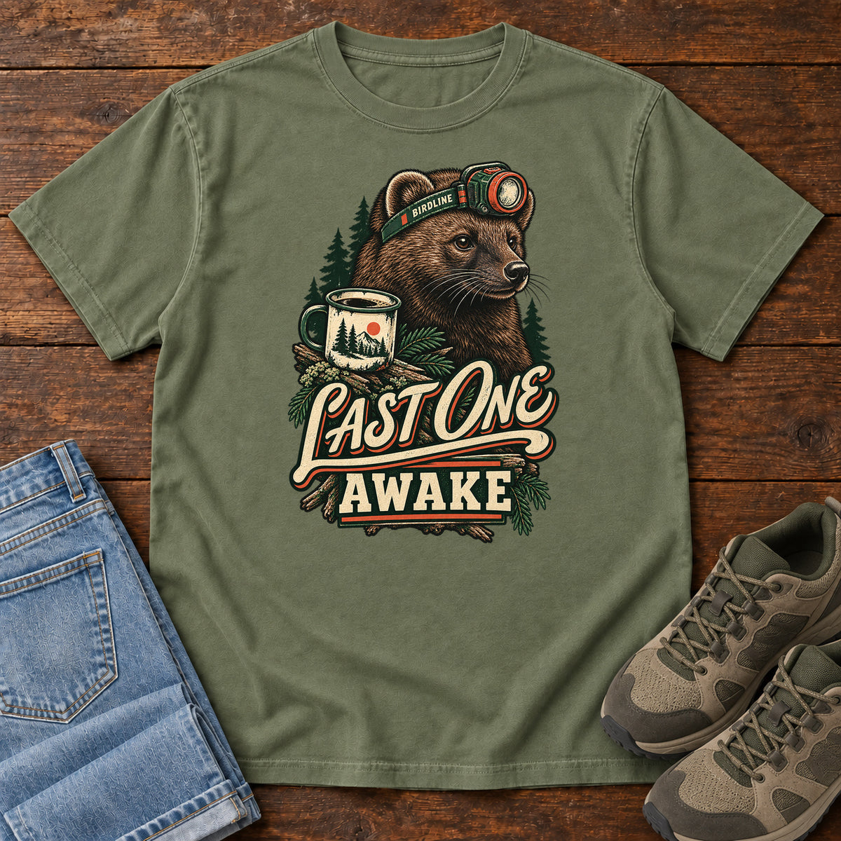 Last One Awake Badger T-Shirt in Moss