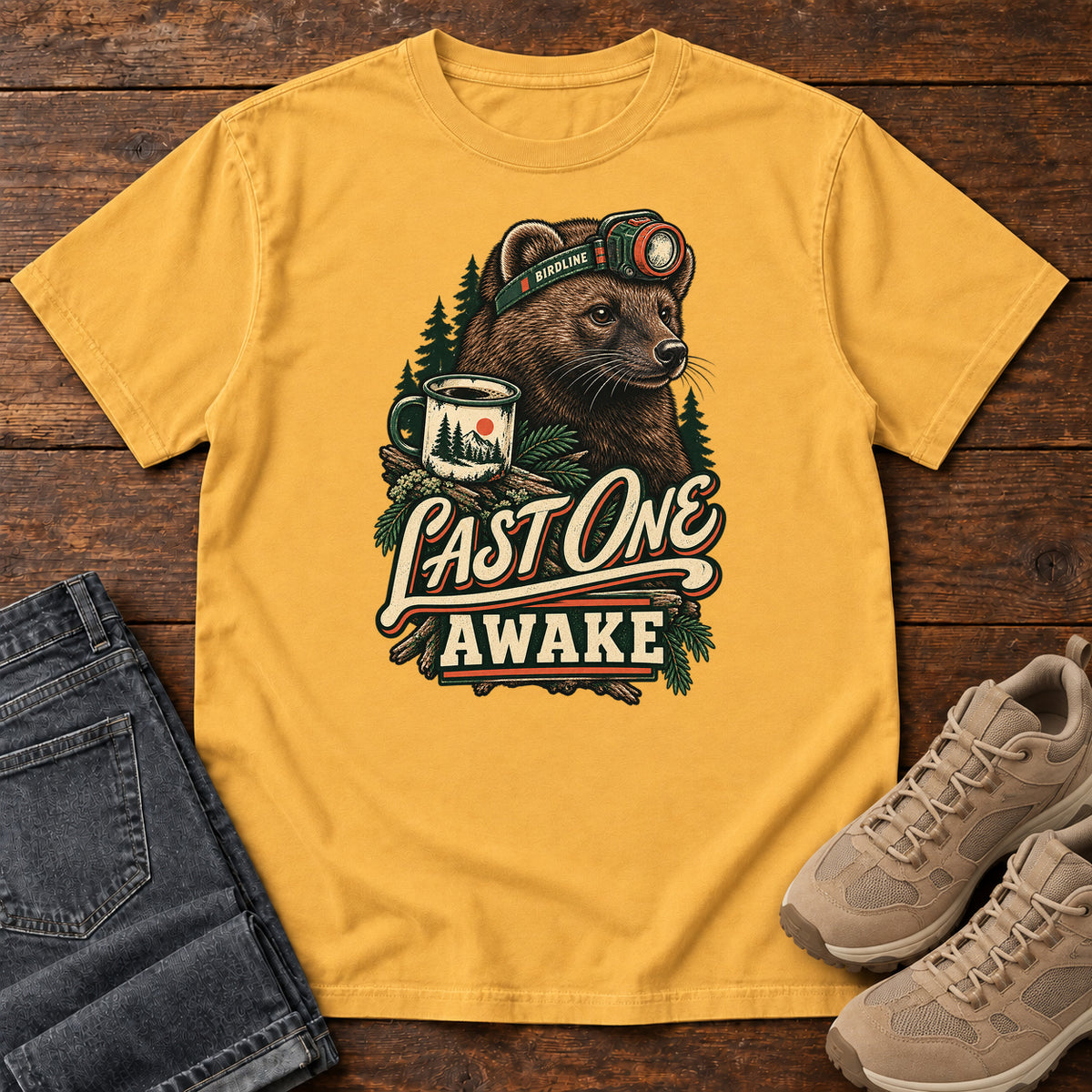 Last One Awake Badger T-Shirt in Mustard
