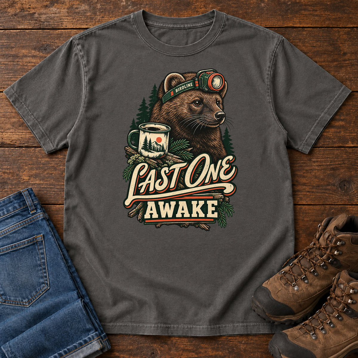 Last One Awake Badger T-Shirt in Pepper