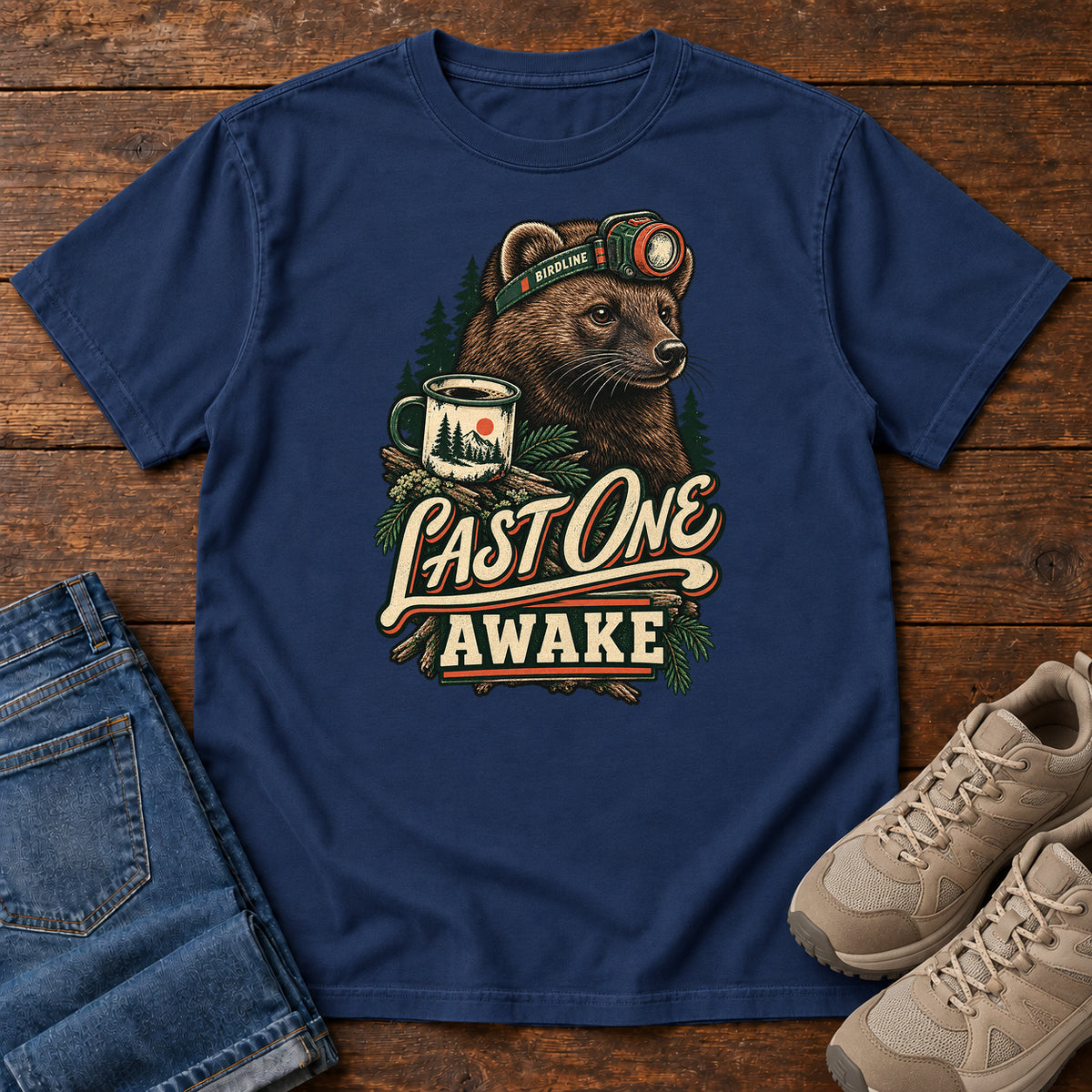 Last One Awake Badger T-Shirt in True Navy