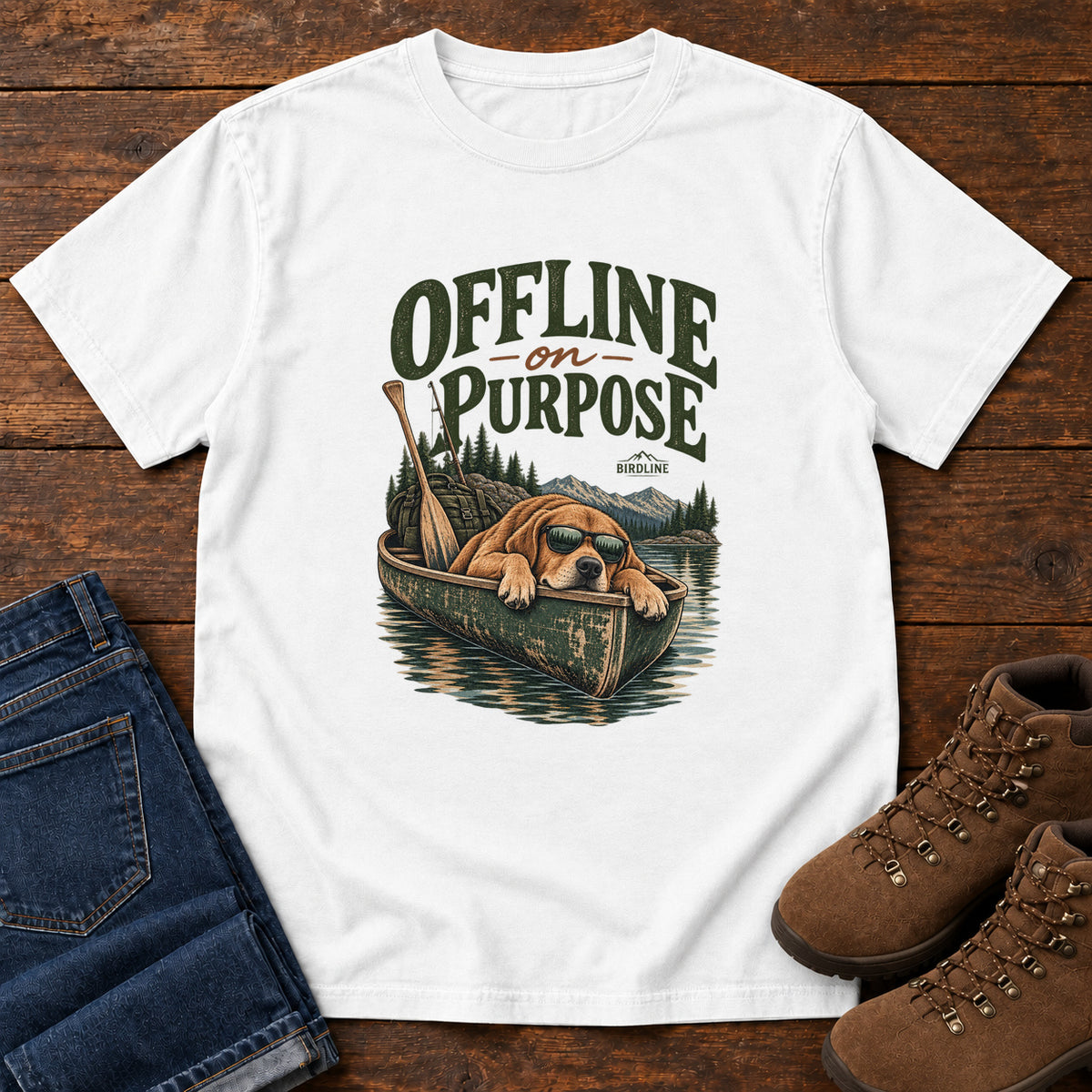 White Offline on Purpose Canoe T-Shirt with a brown dog wearing sunglasses and resting in a canoe below dark green lettering, front flat lay on wood.