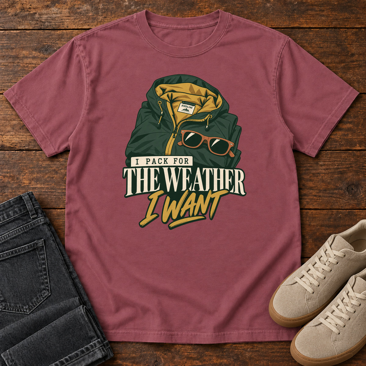 Brick I Pack for the Weather I Want T-Shirt with a green hooded jacket and sunglasses above cream and gold lettering; front flat lay on wood.
