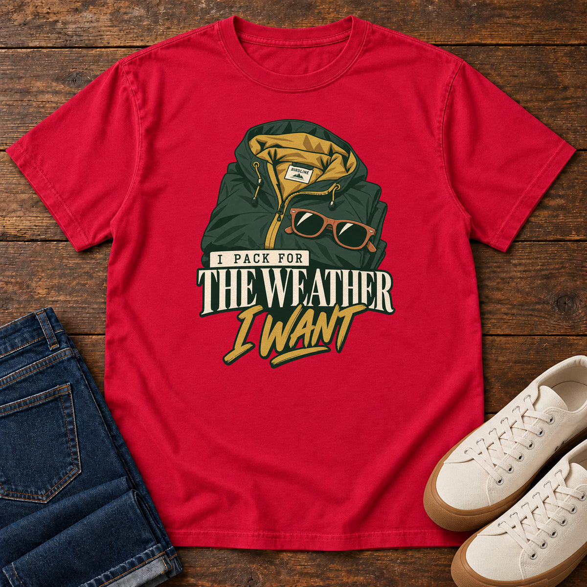 Red I Pack for the Weather I Want T-Shirt with a green hooded jacket and sunglasses above cream and gold lettering; front flat lay on wood.