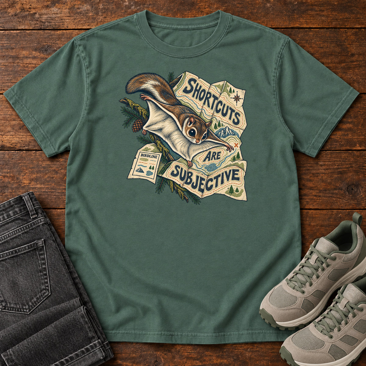Shortcuts Are Subjective Flying Squirrel T-Shirt in Blue Spruce