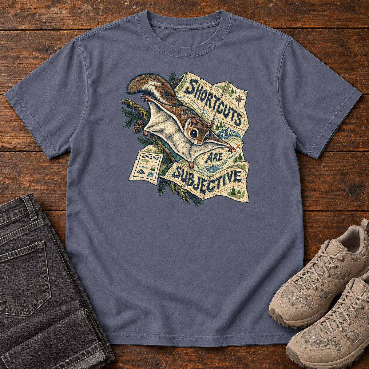 Shortcuts Are Subjective Flying Squirrel T-Shirt in Denim