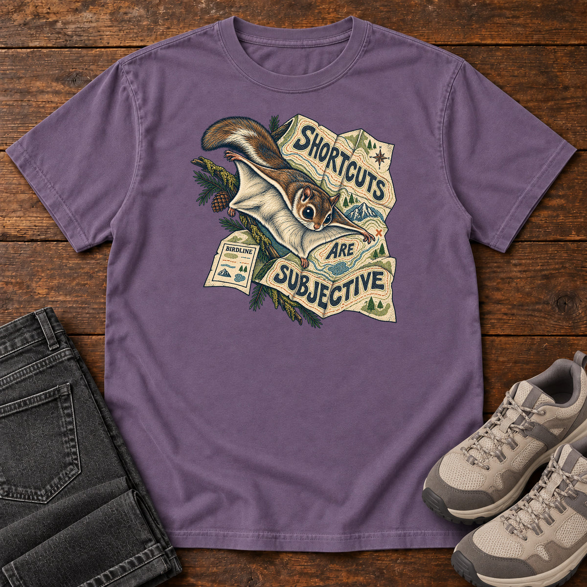 Shortcuts Are Subjective Flying Squirrel T-Shirt in Grape