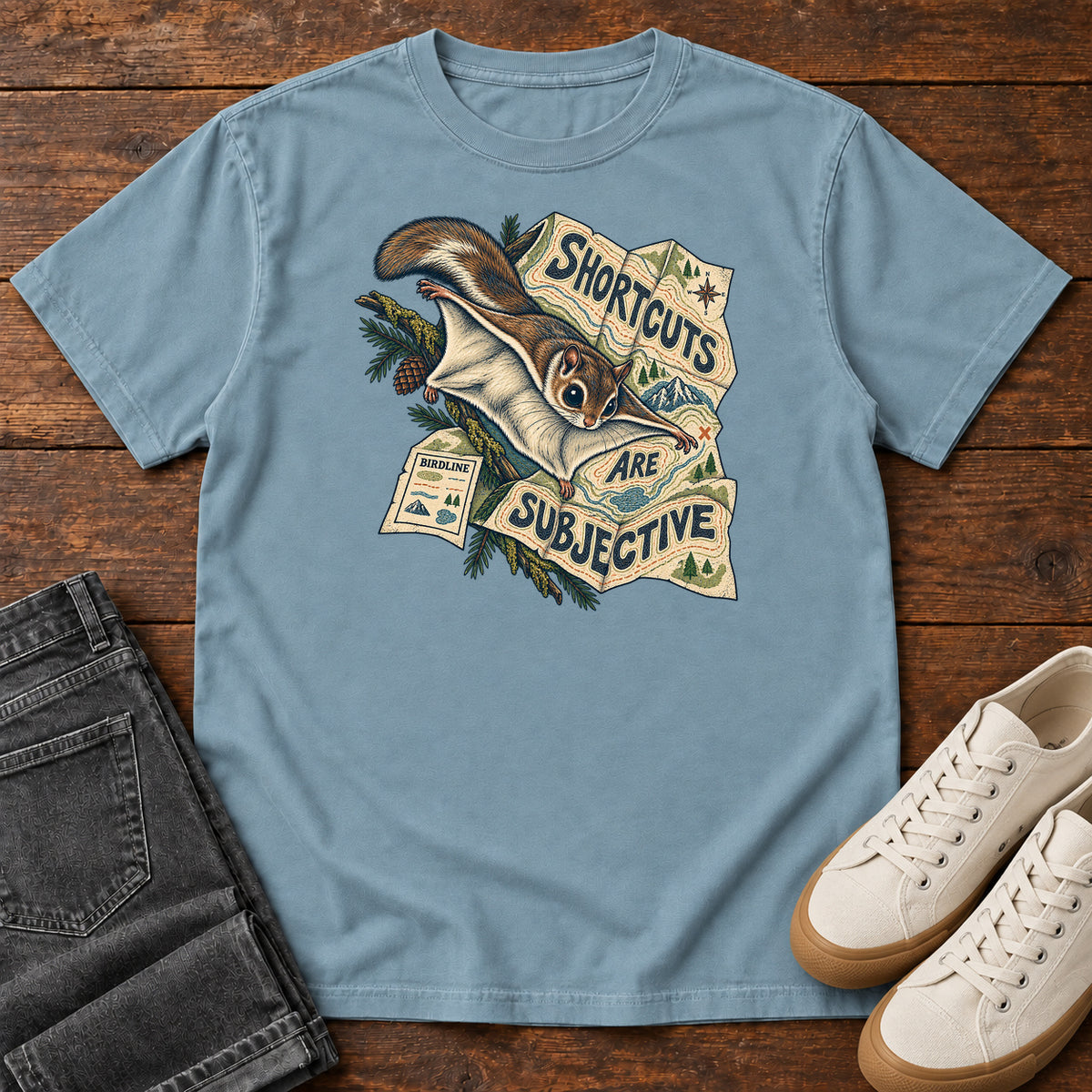 Shortcuts Are Subjective Flying Squirrel T-Shirt in Ice Blue