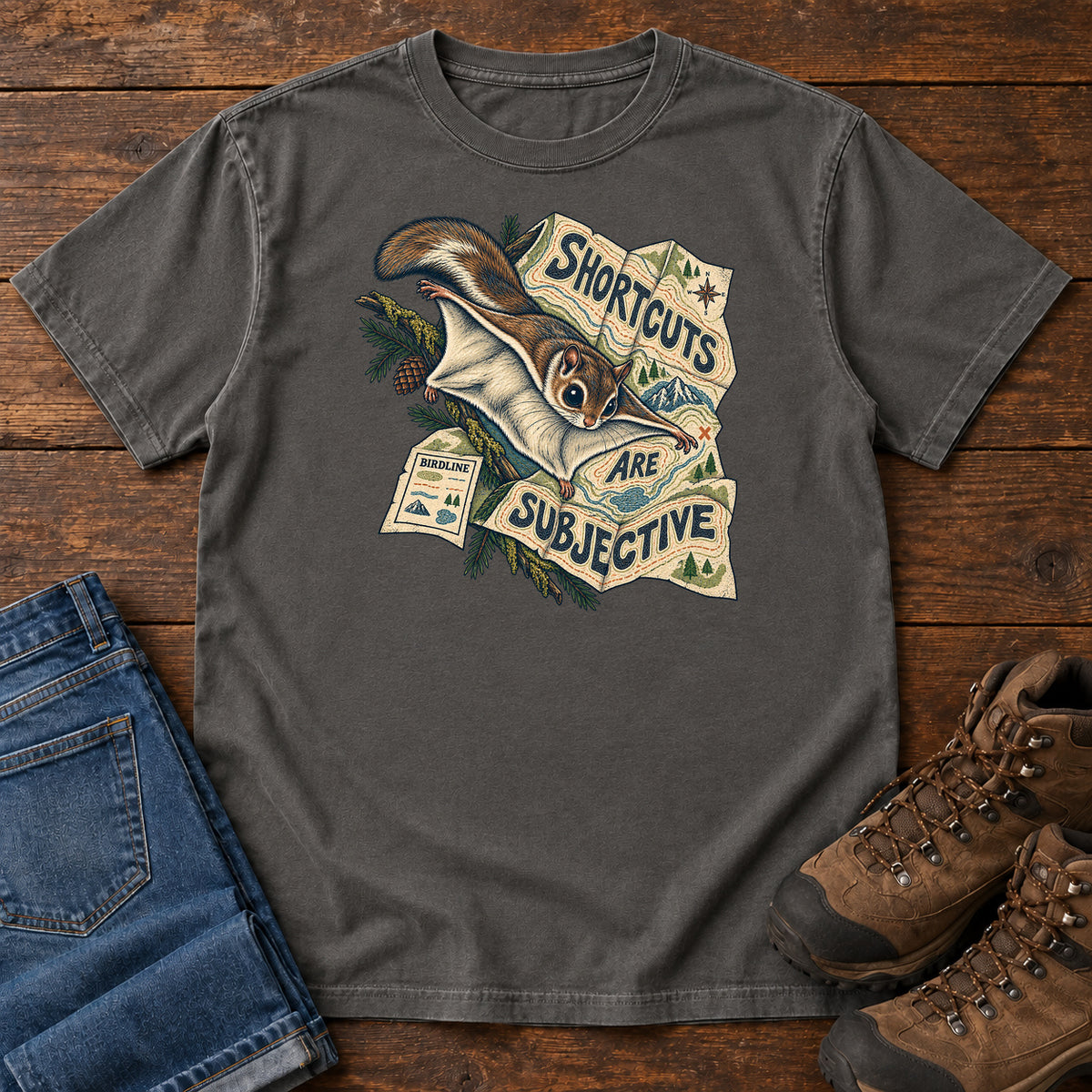 Shortcuts Are Subjective Flying Squirrel T-Shirt in Pepper