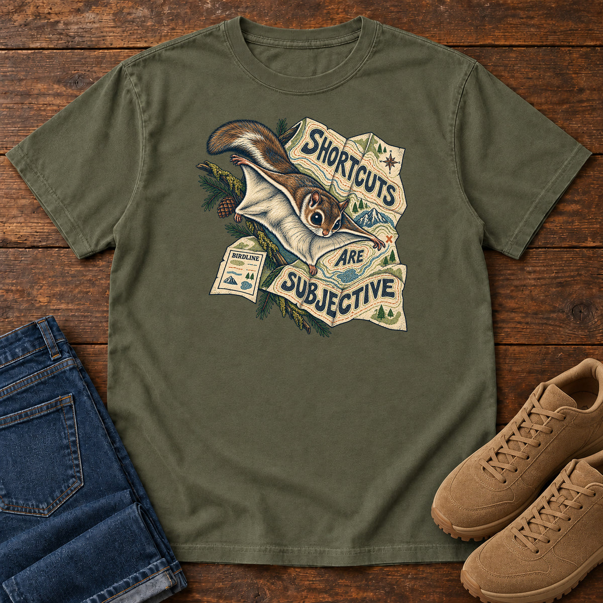 Shortcuts Are Subjective Flying Squirrel T-Shirt in Sage