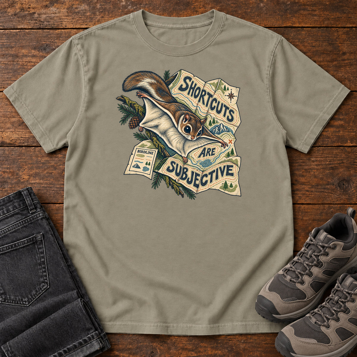 Shortcuts Are Subjective Flying Squirrel T-Shirt in Sandstone