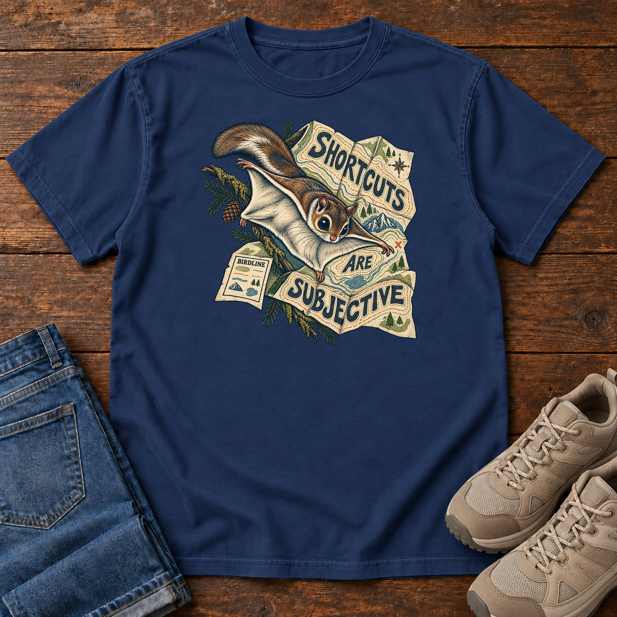 Shortcuts Are Subjective Flying Squirrel T-Shirt in True Navy