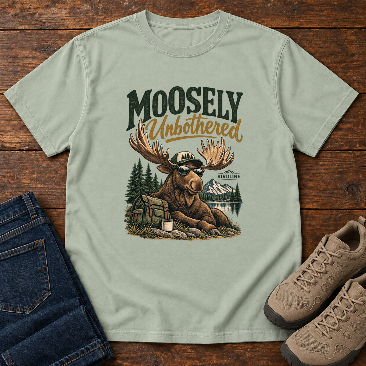 Bay Moosely Unbothered T-Shirt with a lounging moose in sunglasses beside a backpack and mug, front flat lay on wood.