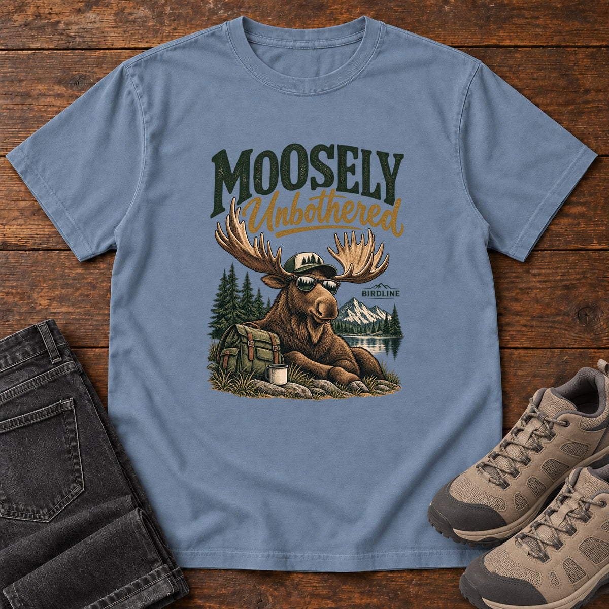 Blue Jean Moosely Unbothered T-Shirt with a lounging moose in sunglasses beside a backpack and mug, front flat lay on wood.