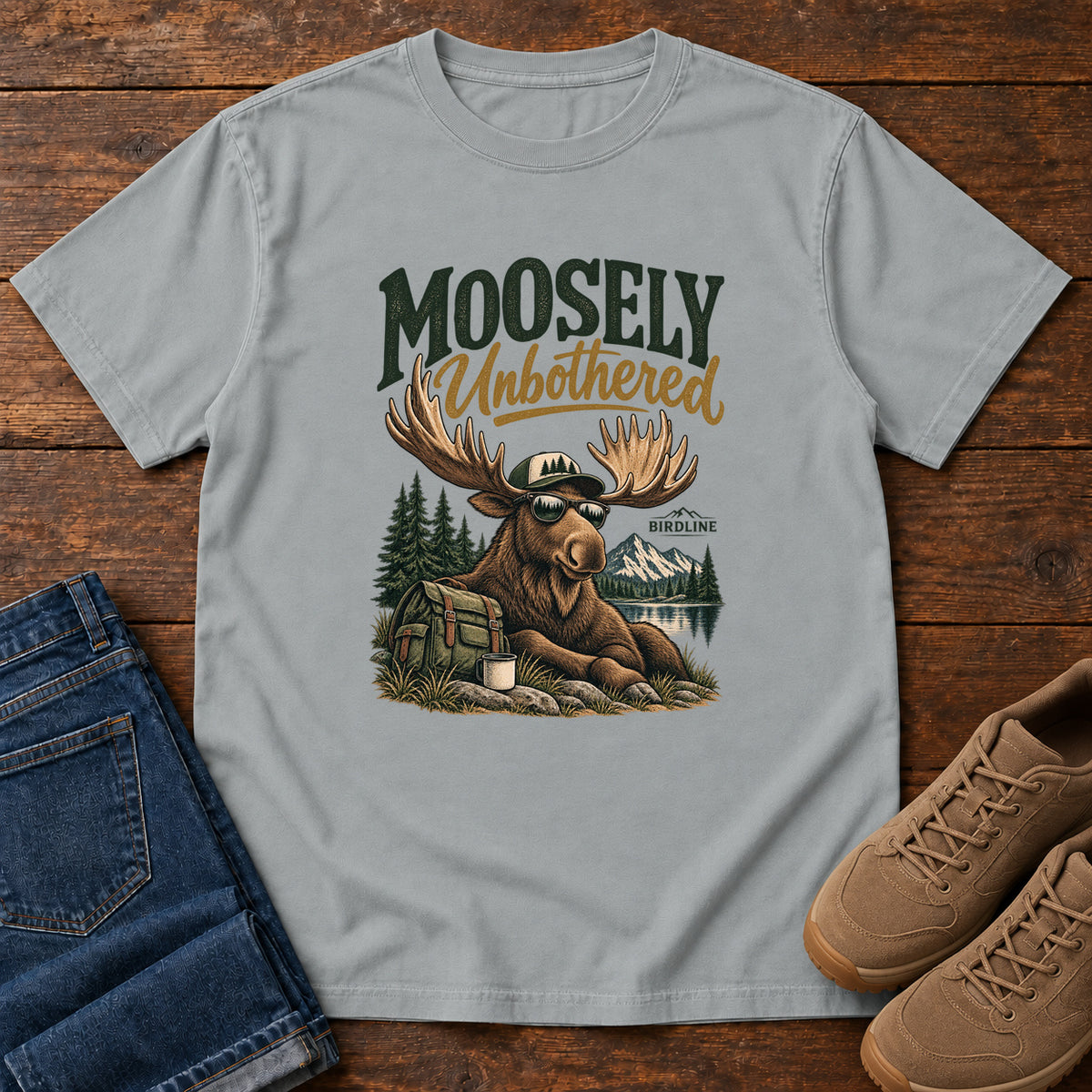 Granite Moosely Unbothered T-Shirt with a lounging moose in sunglasses beside a backpack and mug, front flat lay on wood.