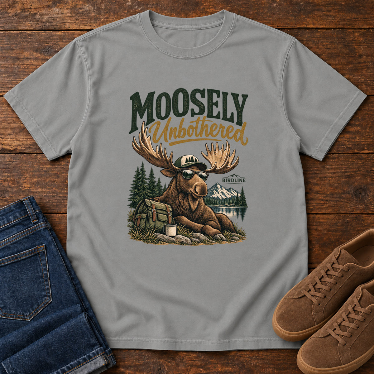 Grey Moosely Unbothered T-Shirt with a lounging moose in sunglasses beside a backpack and mug, front flat lay on wood.