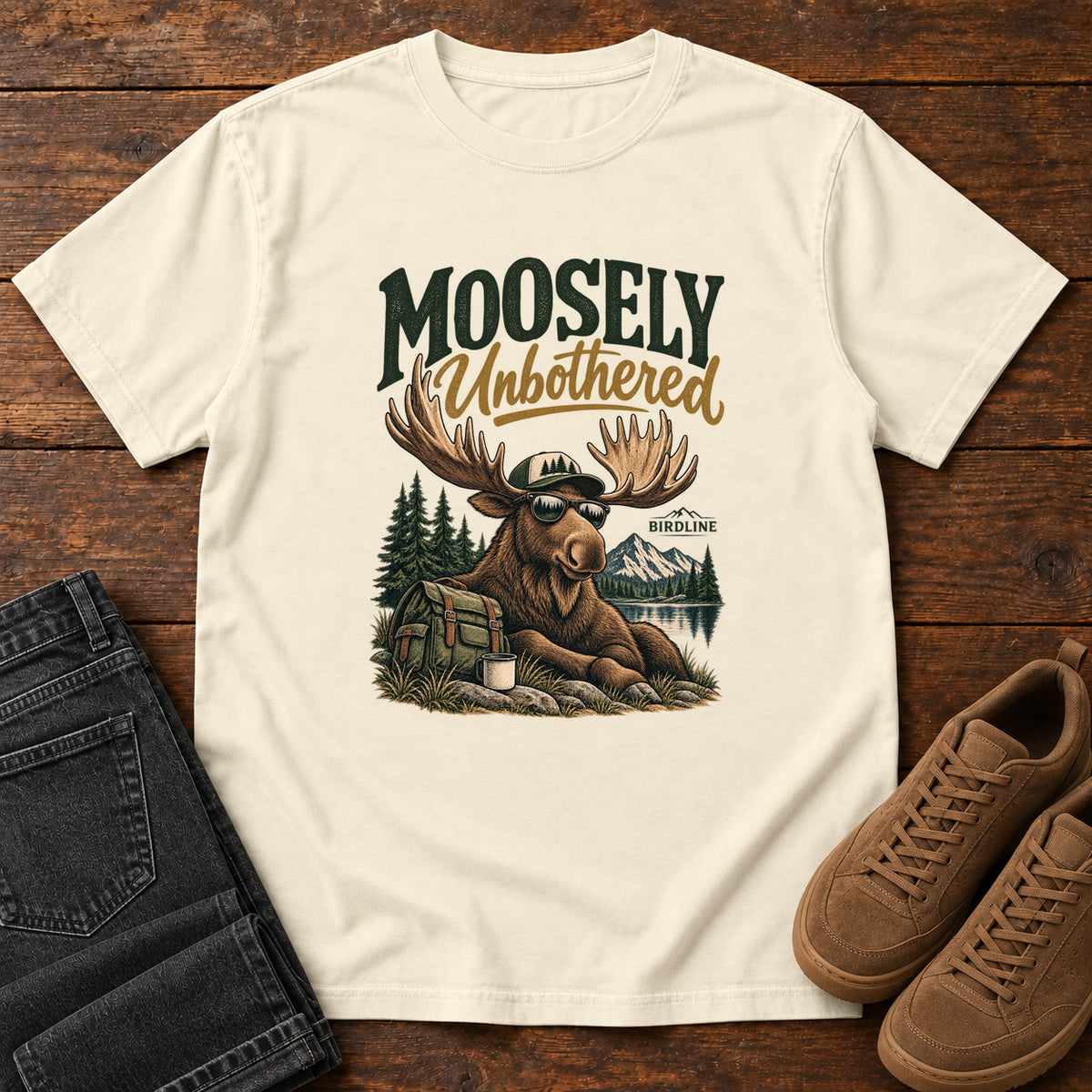 Ivory Moosely Unbothered T-Shirt with a lounging moose in sunglasses beside a backpack and mug, front flat lay on wood.