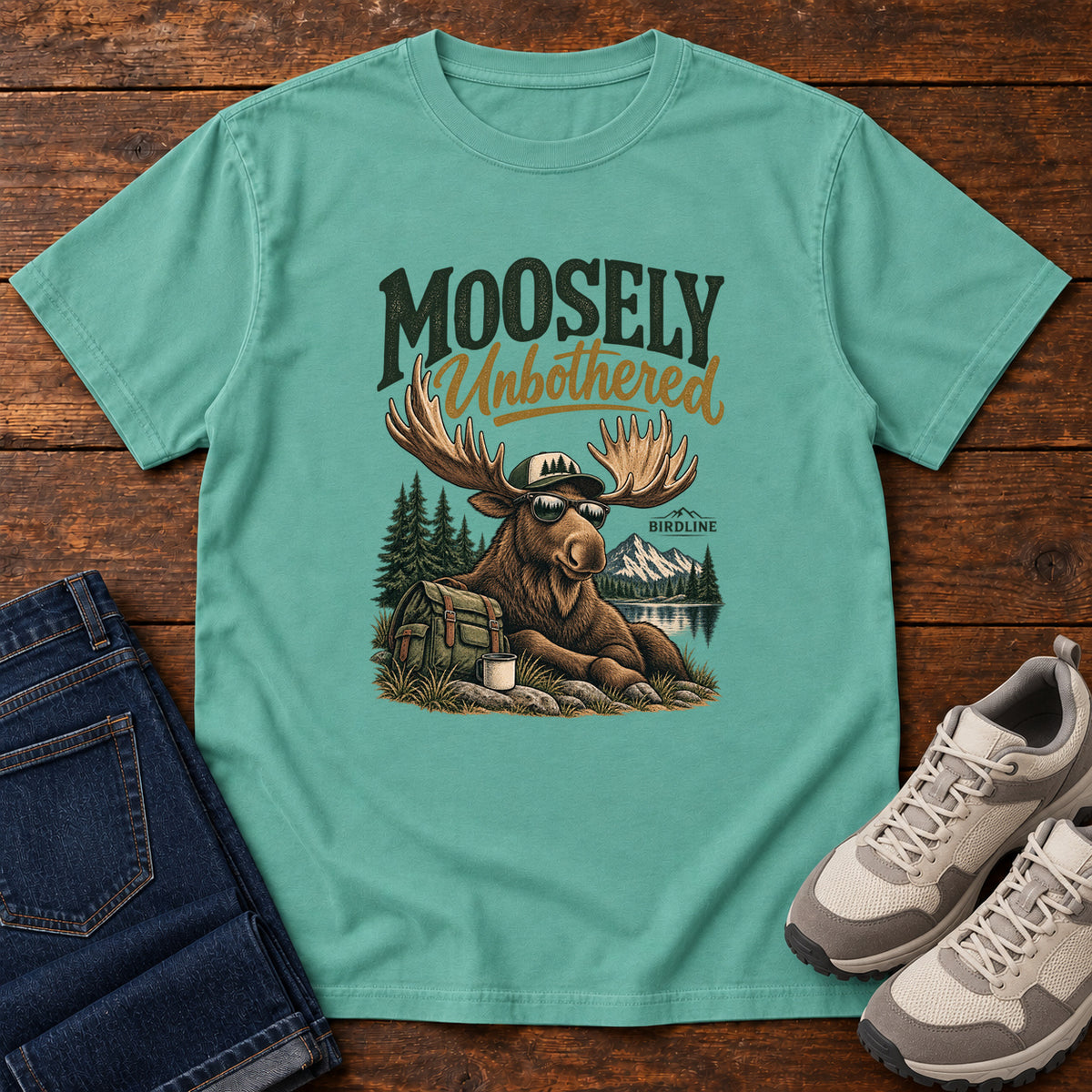 Seafoam Moosely Unbothered T-Shirt with a lounging moose in sunglasses beside a backpack and mug, front flat lay on wood.