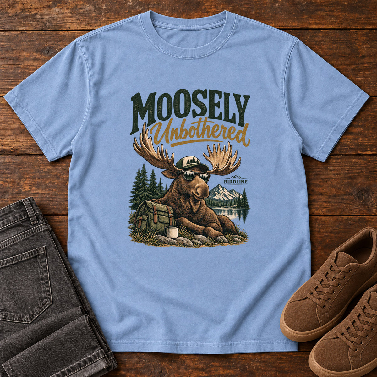 Washed Denim Moosely Unbothered T-Shirt with a lounging moose in sunglasses beside a backpack and mug, front flat lay on wood.