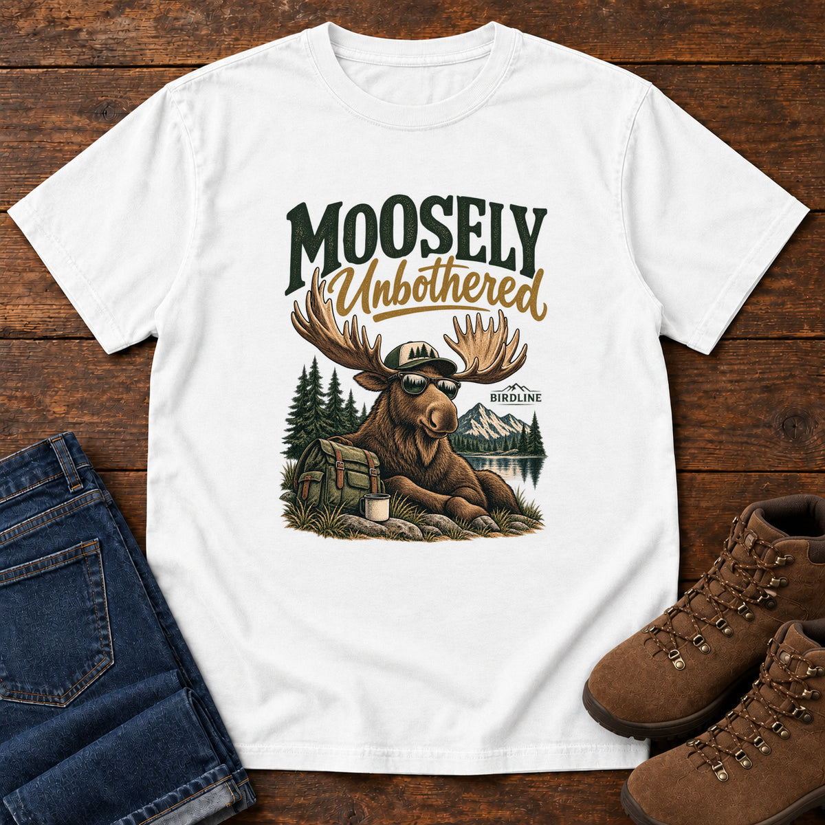 White Moosely Unbothered T-Shirt with a lounging moose in sunglasses beside a backpack and mug, front flat lay on wood.